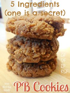 three cookies stacked on top of each other with the words 5 ingredients one is secret