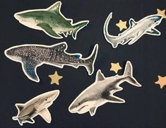 several different types of sharks and stars on a black background with gold foiled stars