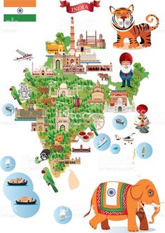 an illustrated map of india with all the major attractions