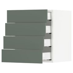 a white cabinet with three doors and four drawers