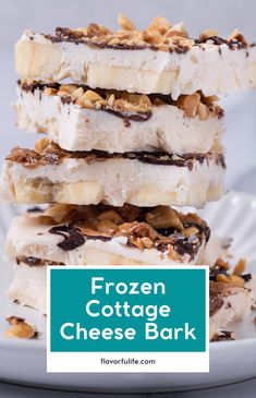 three frozen cottage cheese bark bars stacked on top of each other with text overlay