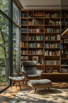 a chair and ottoman in front of a bookshelf