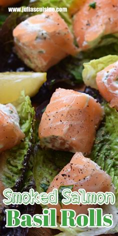 smoked salmon and lettuce salad rolls with lemon wedges