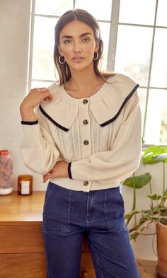 Perri Peter Pan Collar Knit Cardigan | Greylin Collection – Greylin Collection | Women's Luxury Fashion Clothing Peter Pan Collar Sweater, Collar Outfits, Skirt Outfit Inspiration, Outfit Cardigan, Fall Fit, Romantic Outfit, Tops And Blouses, Collar Cardigan, Cozy Cardigan