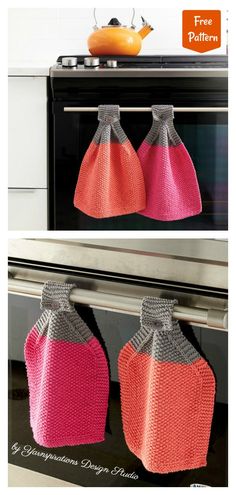 two crocheted bags hanging from hooks in front of an oven with the words free pattern