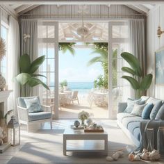 a living room filled with furniture and a large window covered in plants next to the ocean