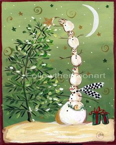 a painting of snowmen stacked on top of each other in front of a christmas tree