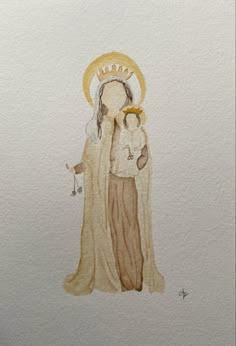 a watercolor drawing of a woman holding a child in her arms and wearing a crown