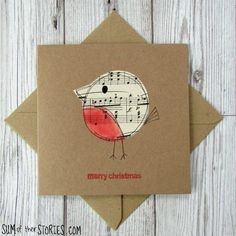 a christmas card with a bird on it's back and music notes in the background