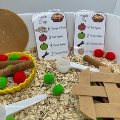 apples, cinnamon sticks, and apple pie ingredients are displayed on a table with oatmeal