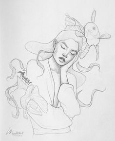 a pencil drawing of a woman with her eyes closed and hands on her head, next to a bird