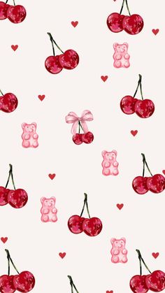 cherries and teddy bears on a white background with hearts in the shape of letters