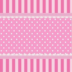 a pink and white striped background with polka dot trimmings on the border,