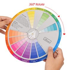 a person holding up a color wheel with the words 360 rotate in red, white and blue