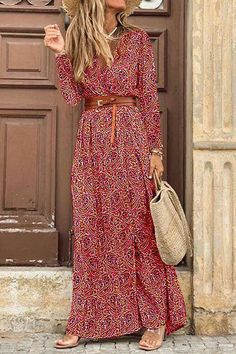 Details: Material: Blending Style: Fashion, Bohemian Pattern Type: Print Element: With Belt Neckline: V Neck Silhouette: Cake Skirt Sleeve Length: Long Sleeve Dresses Length: Ankle Length Size(in) Bust Dresses Length Shoulder Width Sleeve Length S 37 54.5 13.8 23.2 M 38.6 55.1 14.2 23.6 L 40.2 55.7 14.6 24 XL 41.7 56.3 15 24.4 2XL 43.3 56.9 15.4 24.8 3XL 44.9 57.5 15.7 25.2 Tips:Due to the many variations in monitors, the color in the image could look slightly different, please take physical des Belted Long Dress, Floral Wrap Maxi Dress, Cake Skirt, Long Red Dress, Bohemian Print, Printed Long Dresses, Long Dress Casual, Fashion Bohemian, Versatile Dresses