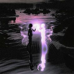 a woman is standing in the water with her hand on her hip and lightening up behind her