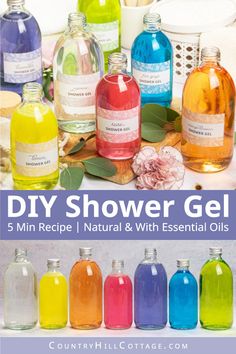 different types of shower gels and bottles with text overlay that reads diy shower gel 5 min recipe i natural & with essential oils