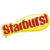 the logo for starburst is shown in red and yellow letters on a white background