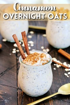 cinnamon overnight oats in a glass with cinnamon sticks