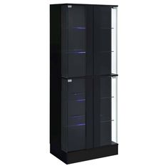 a tall black cabinet with glass doors and lights on the bottom shelf is shown against a white background