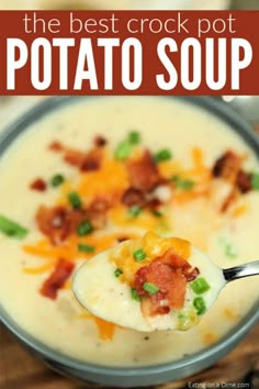 the best crock pot potato soup in a bowl with a spoon full of it