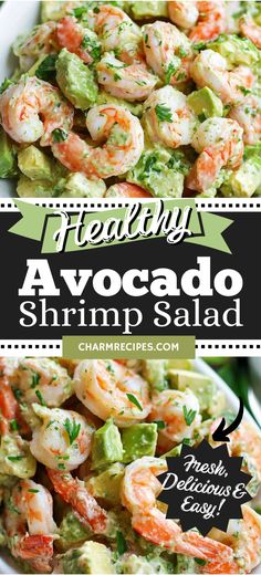 shrimp salad with avocado and cilantro in a white bowl