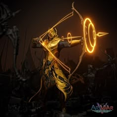 a man with a bow and arrow in his hand holding a glowing light up ring