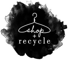 the shop and recycle logo on a black watercolor spot with white lettering