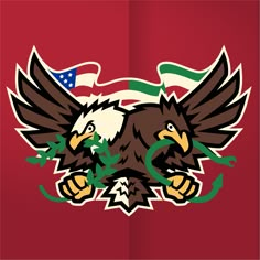 an eagle with the american flag on it's back and green leaves around its neck