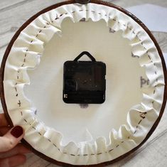 a person holding up a small camera in front of a white plate with brown trim