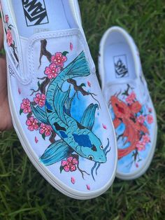 * PLEASE READ CAREFULLY BEFORE PLACING ORDERS*       *Labor ONLY - you will shipped your own shoes to me, message me for my address       *GREAT ART TAKES TIME  it will takes 3 to 4 weeks to finish a pair       * WANT IT ASAP? add the rush order link in your cart, and it WILL MOVE YOUR ORDER TO                         THE TOP OF THE DESIGN SCHEDULE.              https://www.etsy.com/listing/499308347/rush-order?ref=shop_home_active_5 These shoes are made to order, so when purchasing the listing please send me a message if you want some revision to the design, I can also personalize it by adding  your name. Since I do paint them by hand, they can take a while to complete. *Each pair is hand painted by me and they are completely unique, no two are the same. *All shoes are sealed and protecte Koi Shoes, Painted Vans Slip On, Custom Painted Vans, Sharpie Shoes, Painted Vans, Japanese Koi, Vans Slip On, Hand Painted Shoes, Cute Sneakers