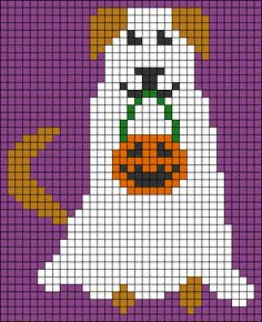 a white dog with a pumpkin on it's face is depicted in a cross stitch pattern