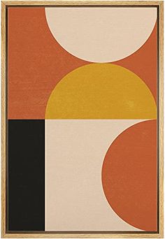 an abstract painting with orange, yellow and black circles on the bottom half of it