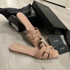 Worn 4 Times - Perfect Condition - 100% Authentic Ysl - Simply Ordered The Wrong Size. Worn No More Than 5 Times. Retail: $800 Tribute Nu Pieds Sandal Size: 39 Slip-On Flat Mules With A Square Toe And Intertwining Straps. Leather Sole Total Heel Height: 0.5 Cm / 0.2 Inches 100% Calfskin Leather Style Id 572761aaaah2721 Made In Italy Denim Sandals, Leopard Sandals, T Strap Flats, Fringe Sandals, High Heel Mules, Braided Sandals, Flat Mules, Leather Platform Sandals, Saint Laurent Shoes