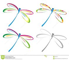 four dragonflys flying in different colors on a white background