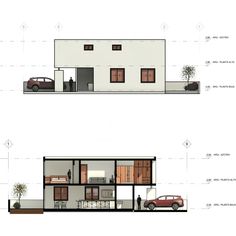 two drawings showing the different sections of a house, one with cars parked in front