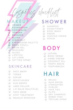 a poster with the names of different types of hair and body care products on it