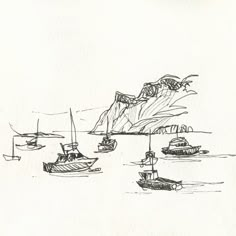 a drawing of several boats in the water