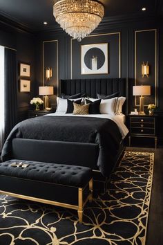 a black and gold bedroom with a large chandelier above the bed in front of a window