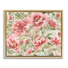 a watercolor painting of pink flowers with green leaves on the bottom and gold frame