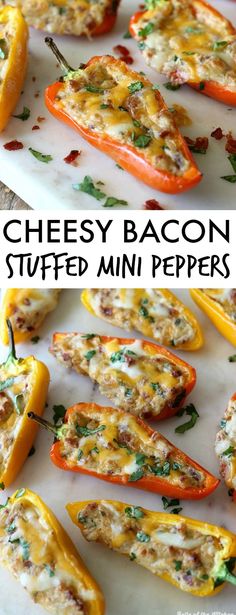 cheesy bacon stuffed mini peppers on a white platter with text overlay