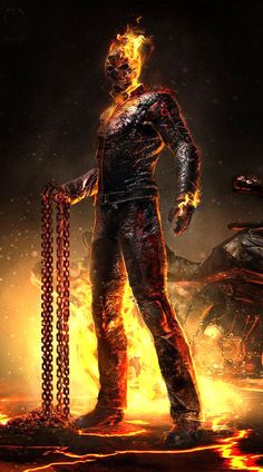 a man standing in front of a burning motorcycle with chains on his feet and holding a bat