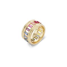 an 18k gold ring with multi - colored stones, set against a white background