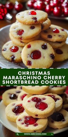 christmas maraschino cherry shortbread cookies on a plate