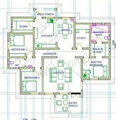 the floor plan for a three bedroom house with an attached kitchen and living room area