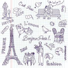 paris doodles on lined paper with the eiffel tower and other things in french