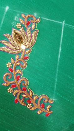 Lotus Aari Work, Aari Work Motifs, Front Neck Designs, Peacock Embroidery Designs, Pattu Pavadai, Kurti Sleeves Design, Boat Neck Blouse Design, Lotus Pattern, Maggam Work Designs