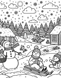 a black and white drawing of two snowmen on sleds in the snow