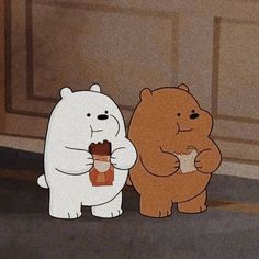 two cartoon bears standing next to each other on the ground with food in their hands