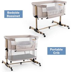 two baby cribs sitting next to each other with the names bedside bassinet and portable crib